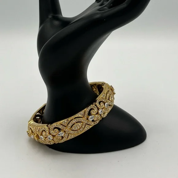 Authentic Nadri Gold-Tone Ornate Pave Crystal Filigree Hinged Cuff Bangle - Picture 2 of 8